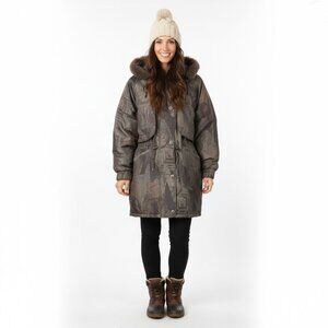 Vintage Northern Climate Parka Winter Coat Camo Olive Green Brown Faux Fur Hood